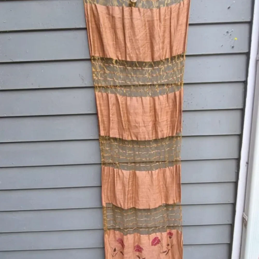 Raw Silk Feel Brown Scarf with Flowers